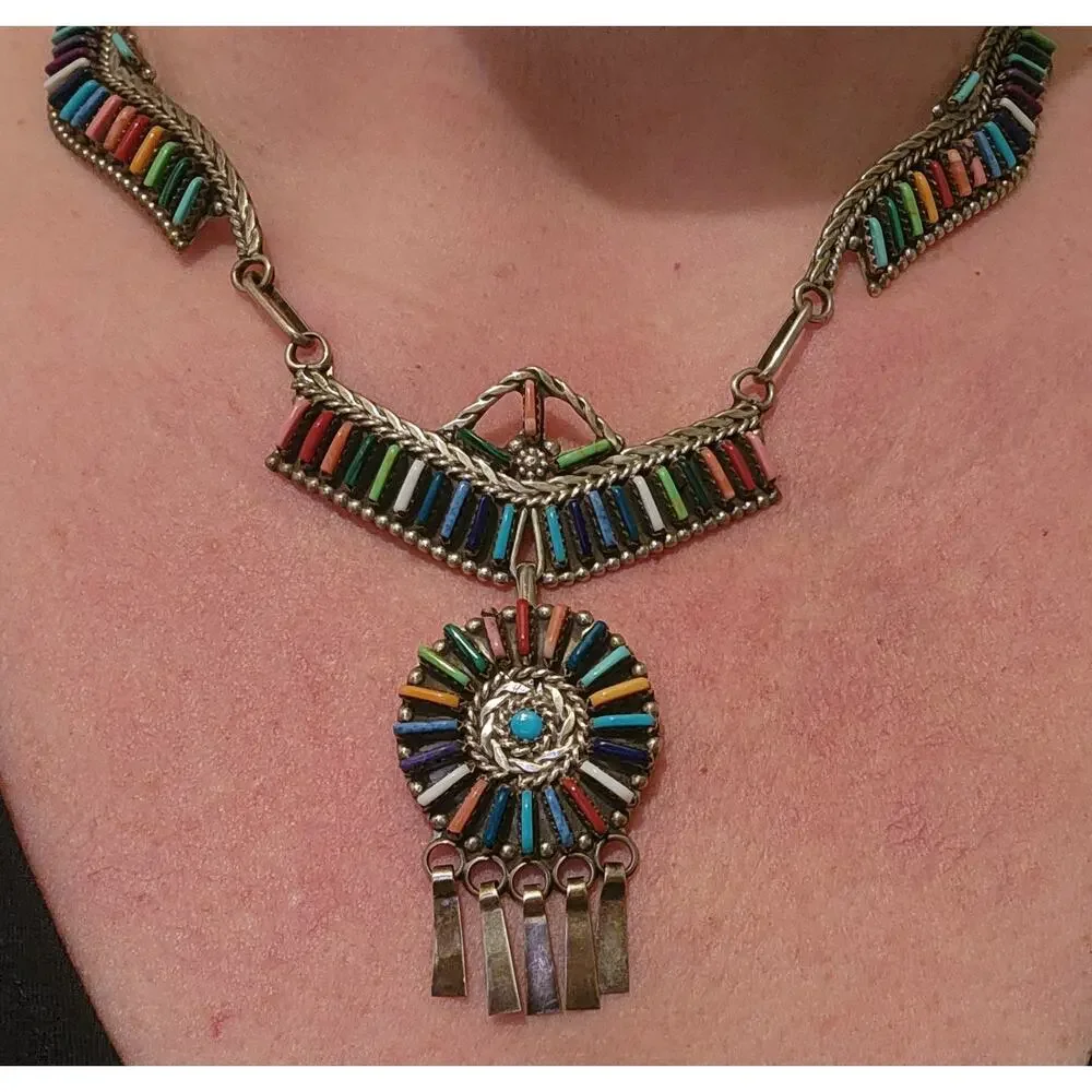 Zuni Sterling Multi-stone Rainbow Petit Point Necklace, Pendant & Earring Set